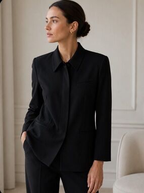 Vintage Halston Lifestyle Black 100% Wool Minimalist Blazer Jacket Size 14
